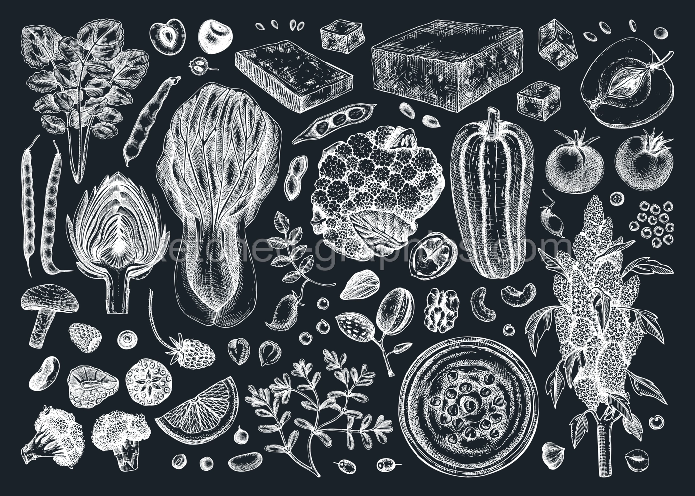 Vegan food illustrations set on chalkboard. Healthy food illustrations. Hand-drawn vegan meals and ingredients for menu, recipe, packaging design. Vegan food, nuts, seeds, fruits, veggies, tofu sketch Illustration